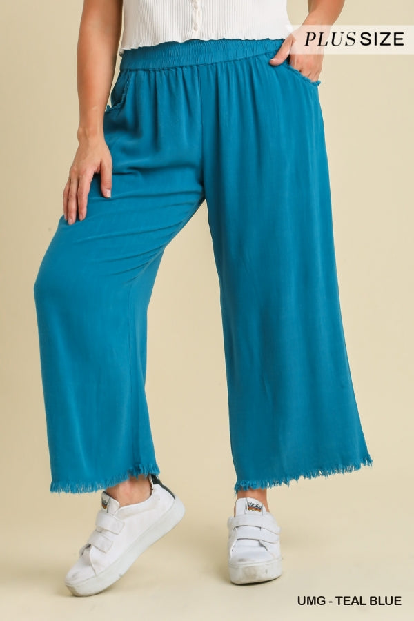Plus Size linen blend frayed bottom pants with pockets in teal