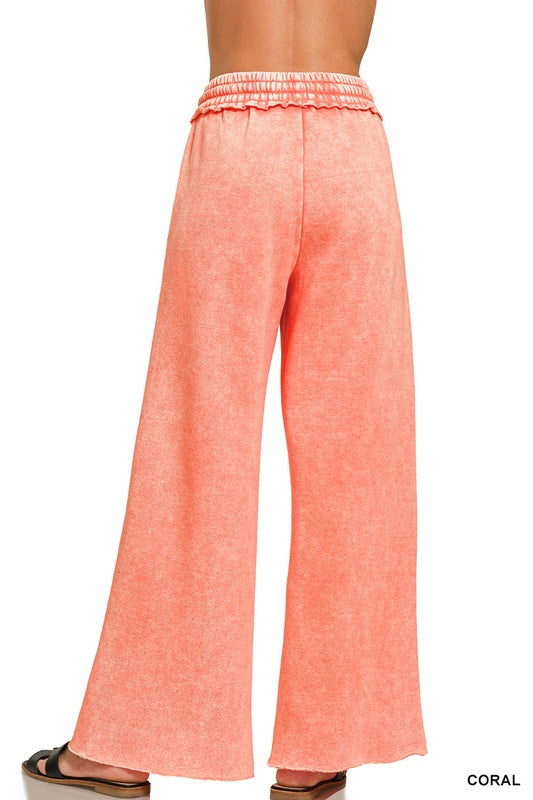 Women Acid Wash Fleece Palazzo Sweatpants With Pockets - Esme and Elodie