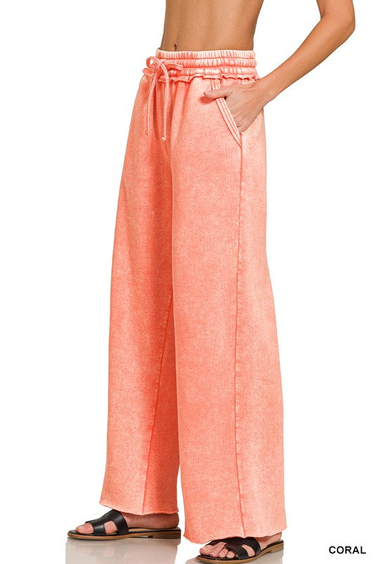 Women Acid Wash Fleece Palazzo Sweatpants With Pockets - Esme and Elodie