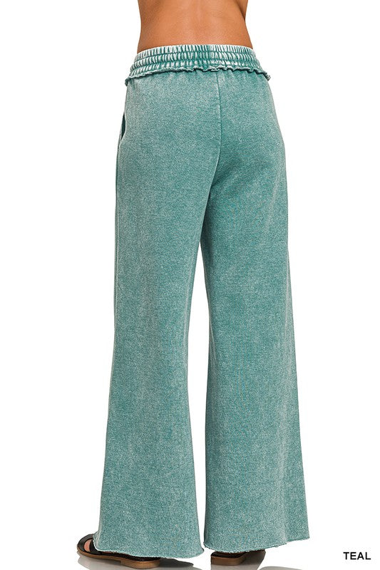Women Acid Wash Fleece Palazzo Sweatpants With Pockets - Esme and Elodie