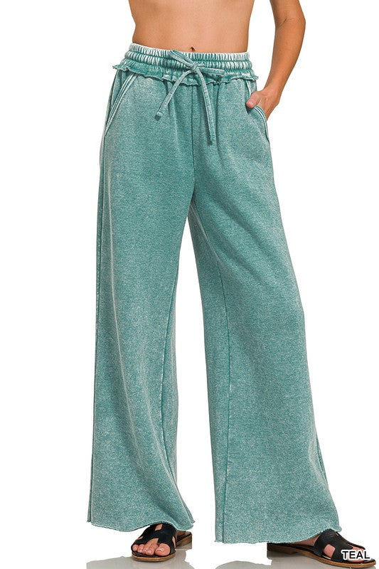 Women Acid Wash Fleece Palazzo Sweatpants With Pockets - Esme and Elodie