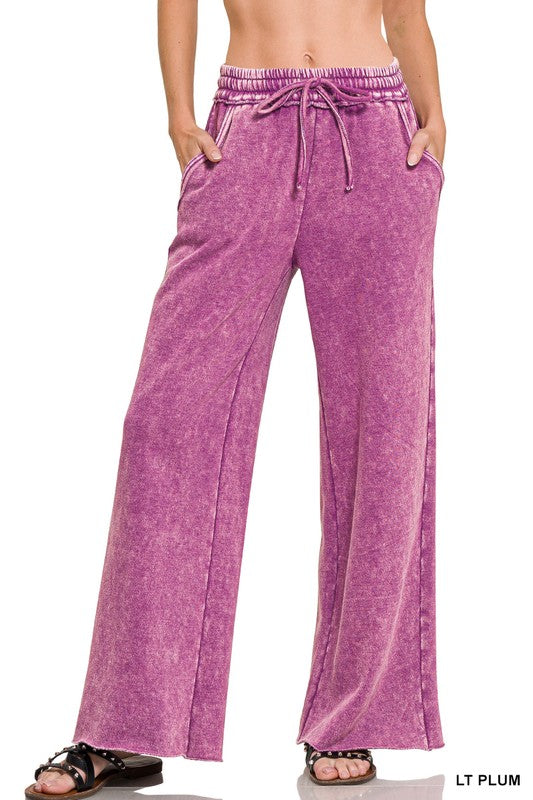Women Acid Wash Fleece Palazzo Sweatpants With Pockets - Esme and Elodie