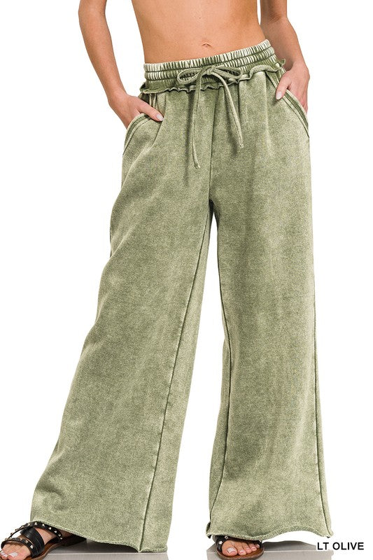 Women ACID WASH FLEECE PALAZZO SWEATPANTS WITH POCKETS in multiple colors - Esme and Elodie