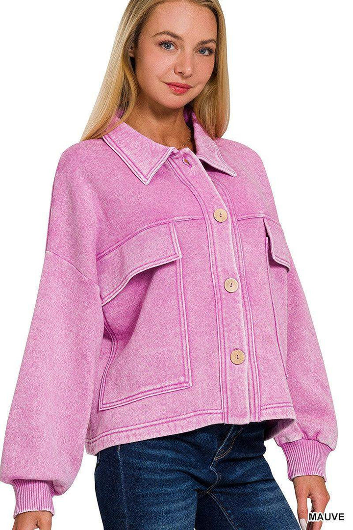Women's Acid Wash Cropped Shacket in Mauve - Esme and Elodie