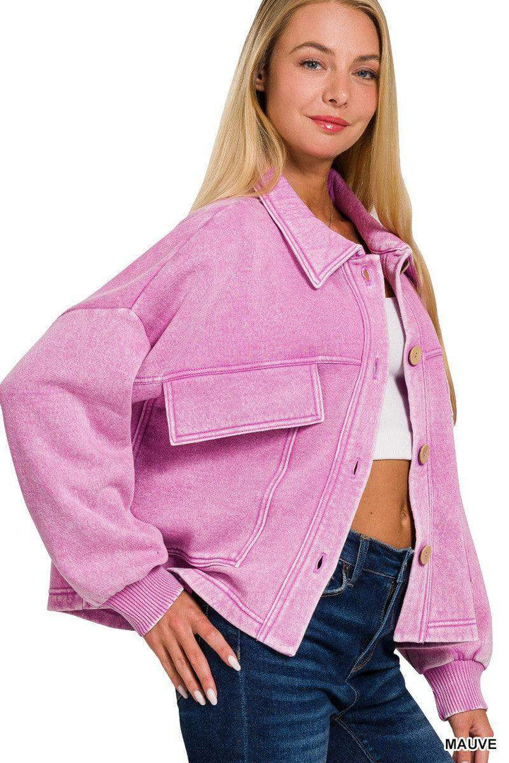 Women's Acid Wash Cropped Shacket in Mauve - Esme and Elodie