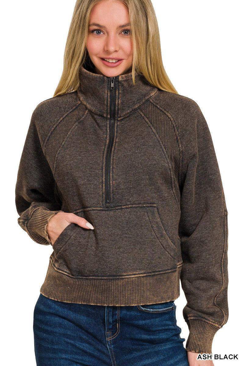Women's Acid Wash Pullover with Kangaroo Pocket in Ash Black - Esme and Elodie