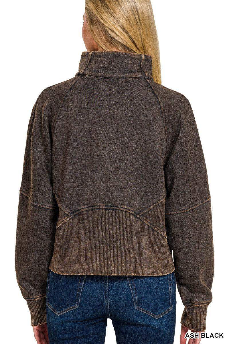 Women's Acid Wash Pullover with Kangaroo Pocket in Ash Black - Esme and Elodie