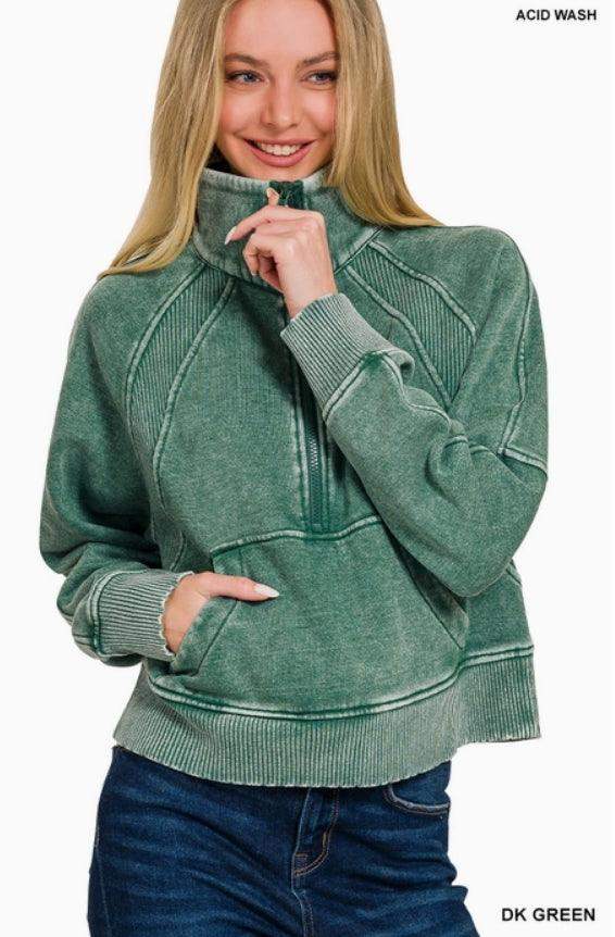 Women's Acid Wash Pullover with Kangaroo Pocket in Green - Esme and Elodie
