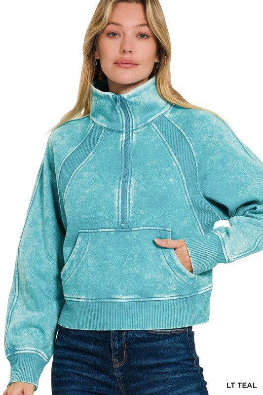Women's Acid Wash Pullover with Kangaroo Pocket in Teal - Esme and Elodie