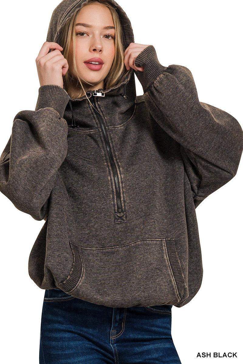 Women's Drawstring Hem Half Zip Hoodie in Ash Black - Esme and Elodie
