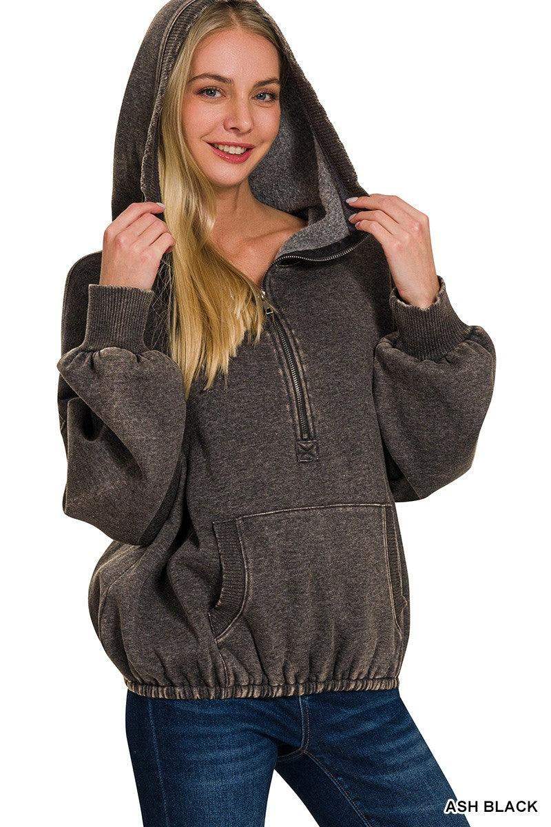 Women's Drawstring Hem Half Zip Hoodie in Ash Black - Esme and Elodie