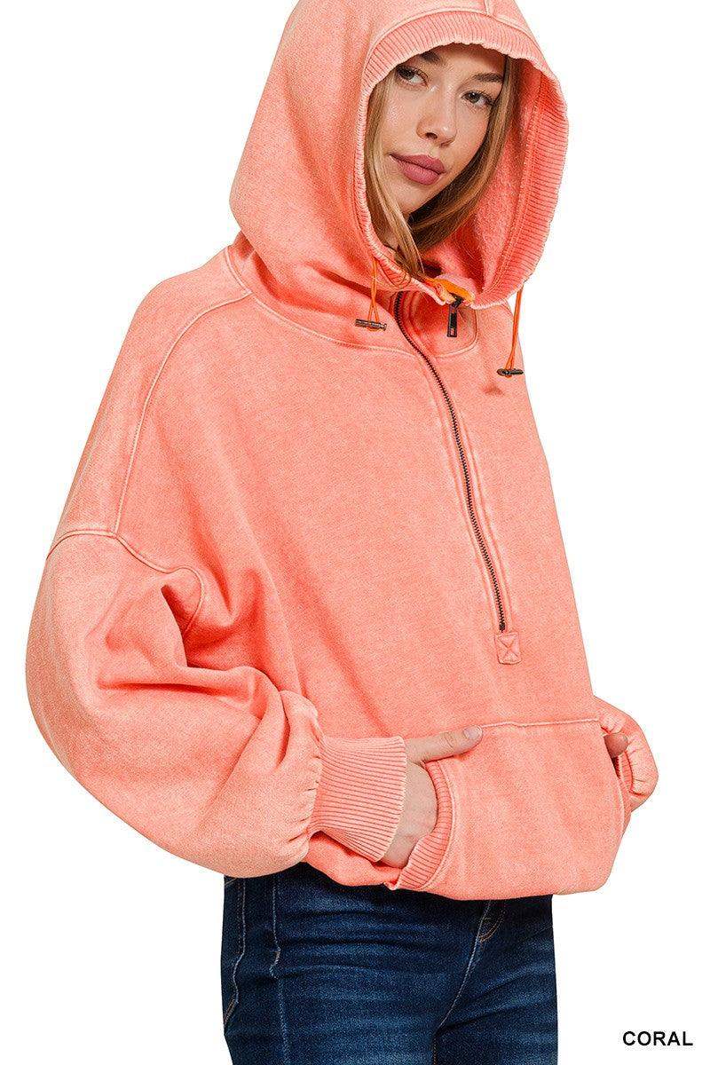 Women's Drawstring Hem Half Zip Hoodie in Coral - Esme and Elodie