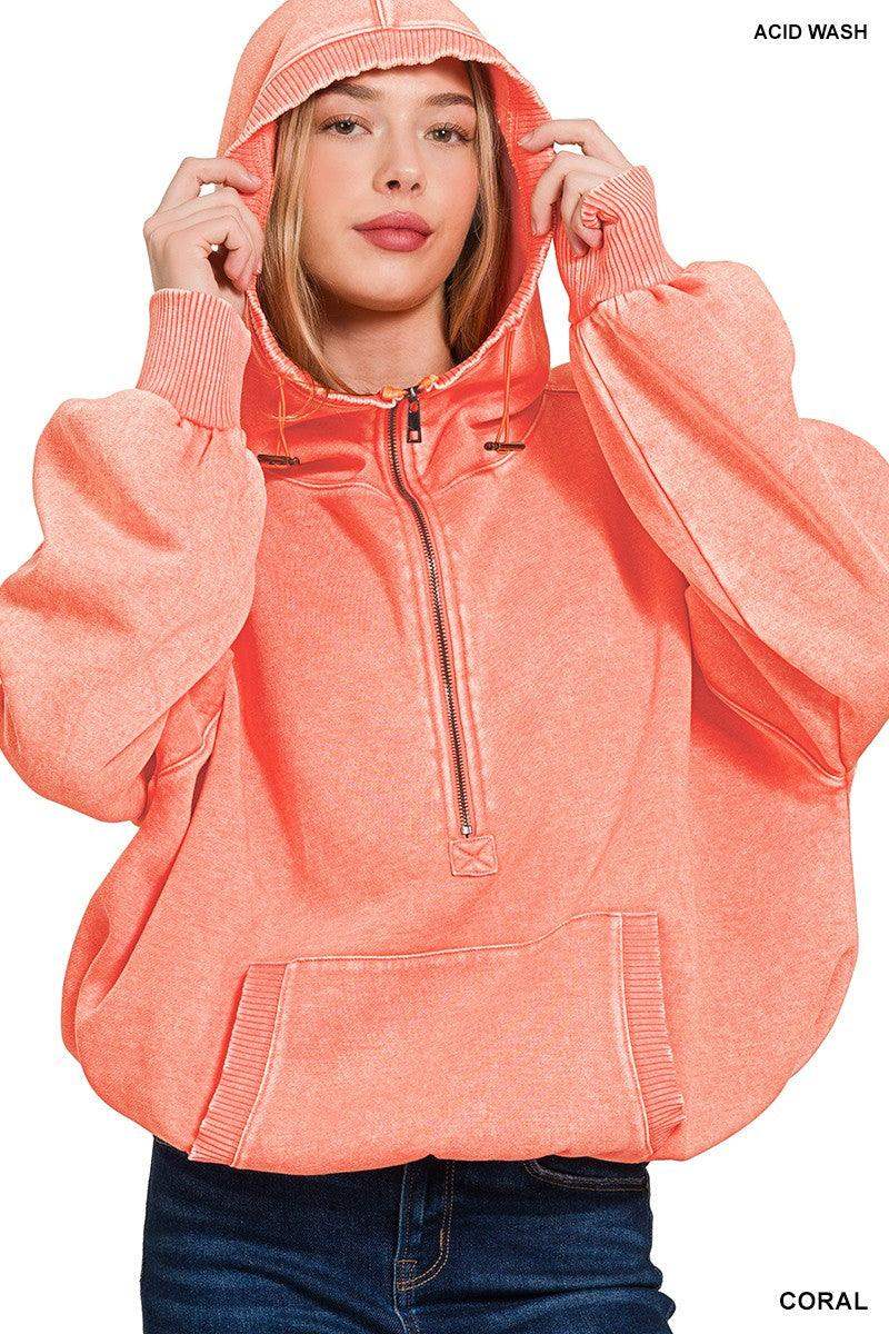 Women's Drawstring Hem Half Zip Hoodie in Coral - Esme and Elodie