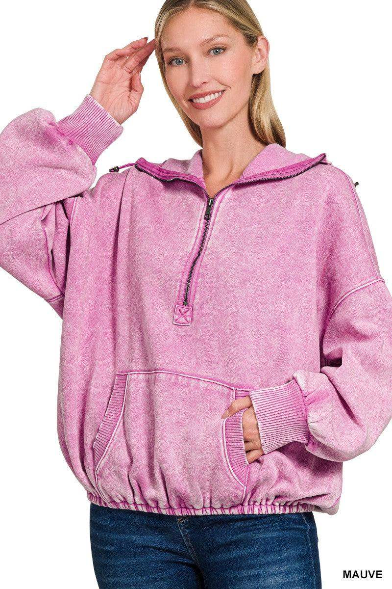 Women's Drawstring Hem Half Zip Hoodie in Mauve - Esme and Elodie