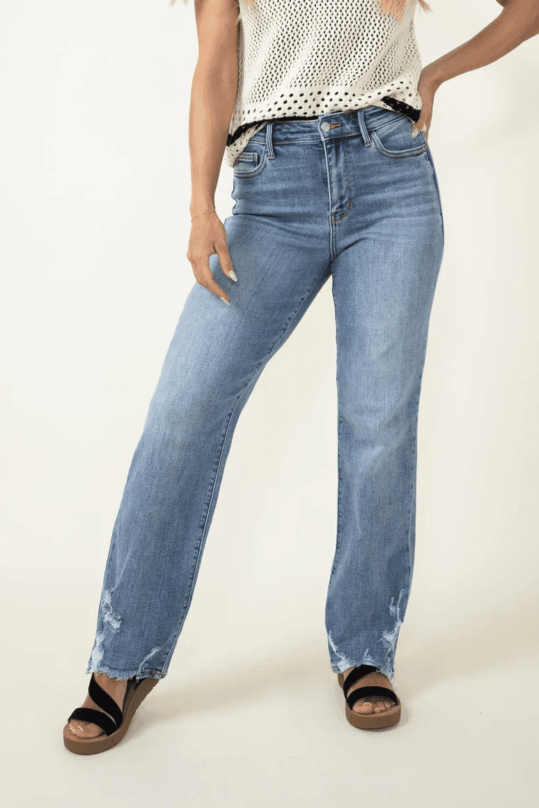 Women's Judy Blue High Waist Straight Jeans with Cuff Distress Light Wash JB82470 - Esme and Elodie
