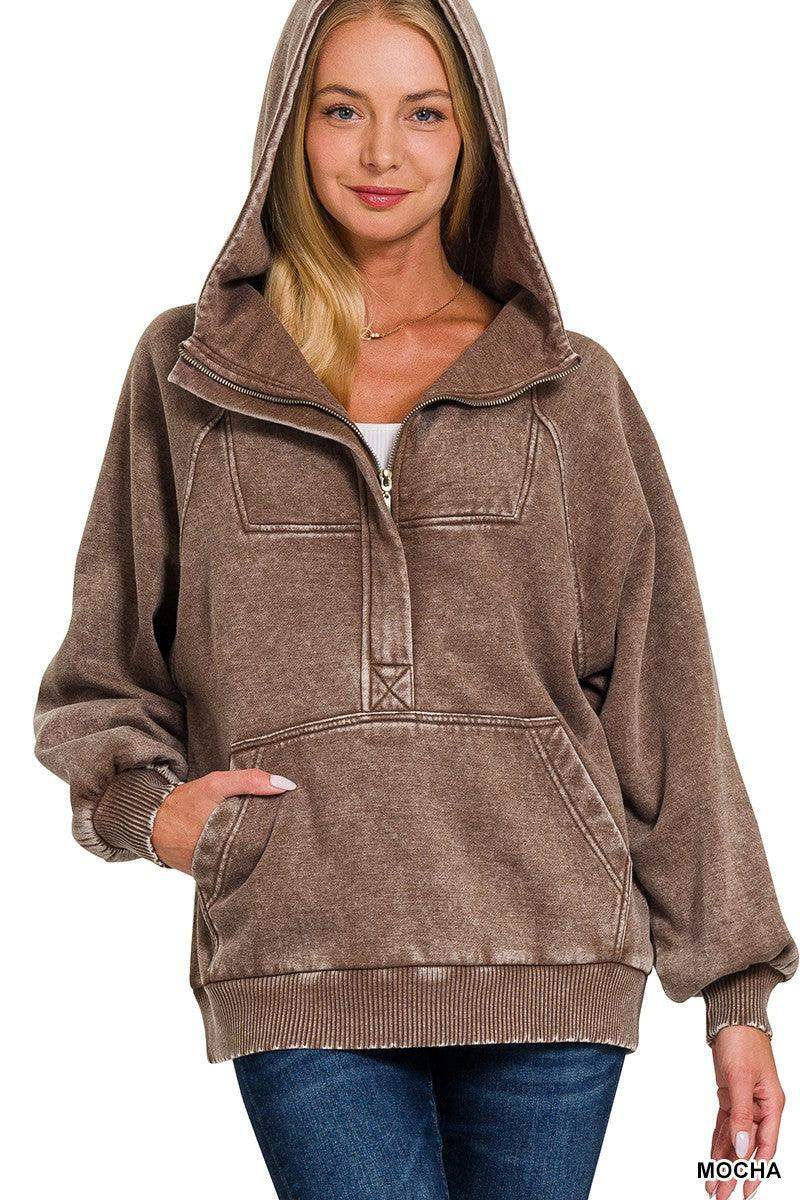 Women's Quarter Zip Kangaroo Hoodie in Mocha - Esme and Elodie