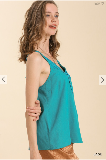 Women's Umgee Linen spaghetti Tank Top Criss Cross Back- Pink and Teal - Esme and Elodie