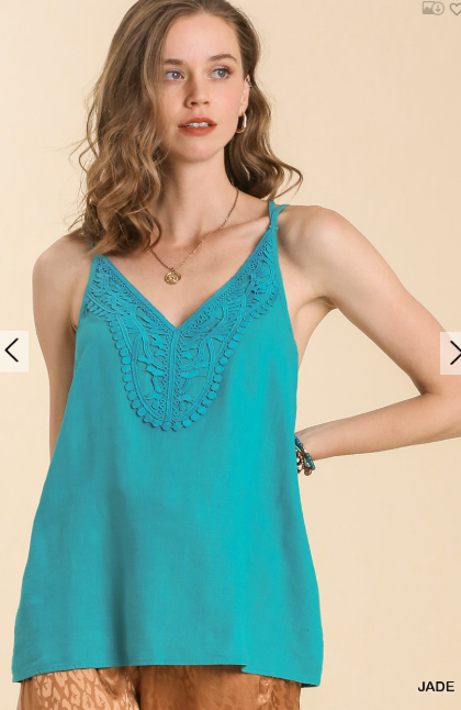 Women's Umgee Linen spaghetti Tank Top Criss Cross Back- Pink and Teal - Esme and Elodie