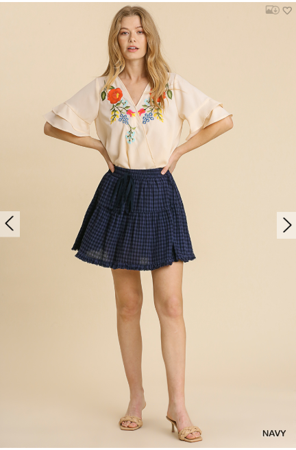 Women Umgee Gingham Print Ruffle Hem Mini Skirt with Elastic Waist and Tie - Esme and Elodie