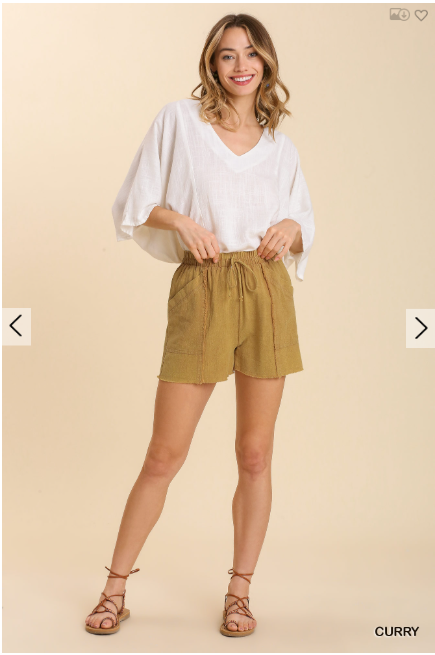 Women Umgee Mineral Wash Frayed Edged Elastic Waistband and Drawstring Shorts with Pockets - Esme and Elodie