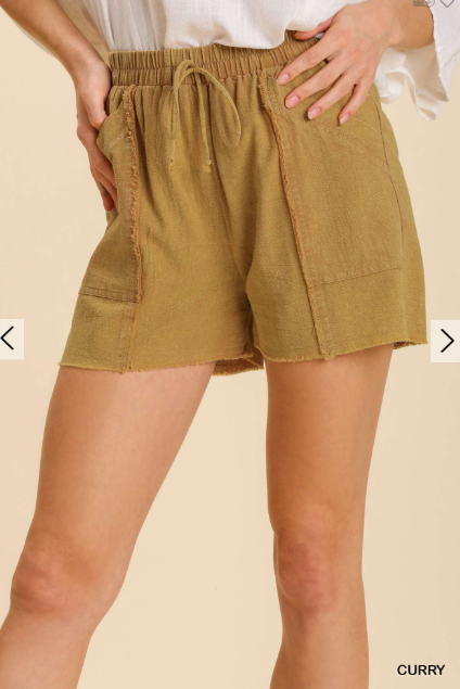 Women Umgee Mineral Wash Frayed Edged Elastic Waistband and Drawstring Shorts with Pockets - Esme and Elodie