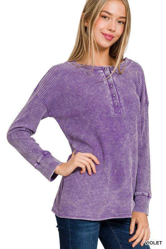 womens lightweight henley top violent purple washed effect