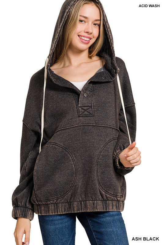 Womens Acid Wash Fleece Oversized Pocket Hoodie - Esme and Elodie