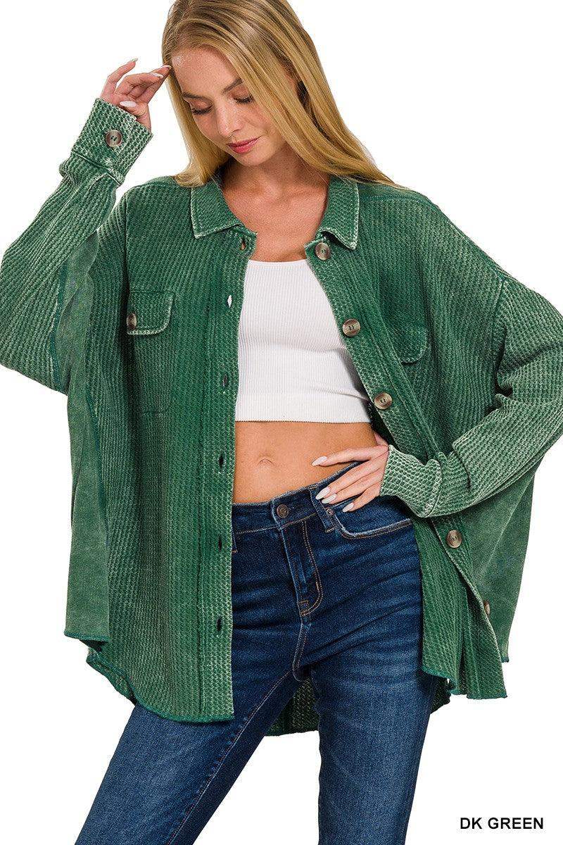 Womens ACID WASH OVERSIZED COTTON WAFFLE CROPPED SHACKET in Dark Green - Esme and Elodie
