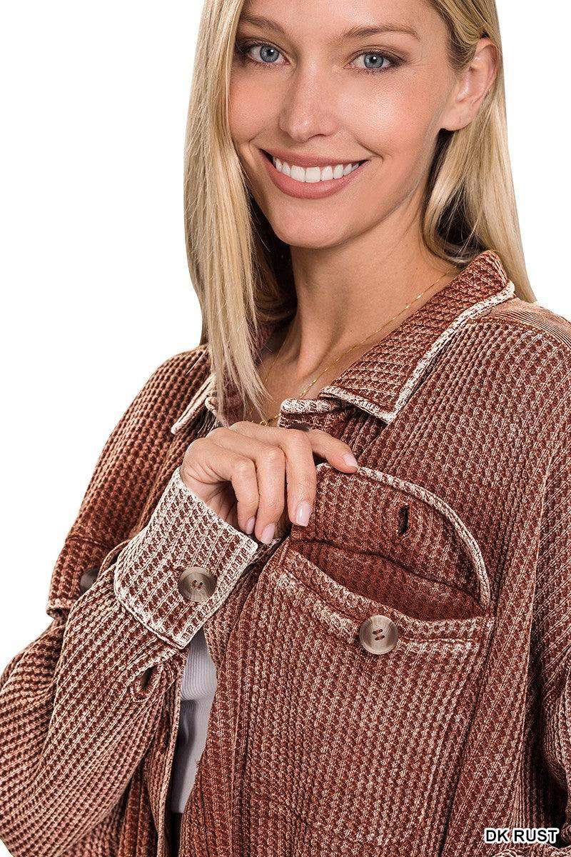 Womens ACID WASH OVERSIZED COTTON WAFFLE CROPPED SHACKET in Dark Rust - Esme and Elodie