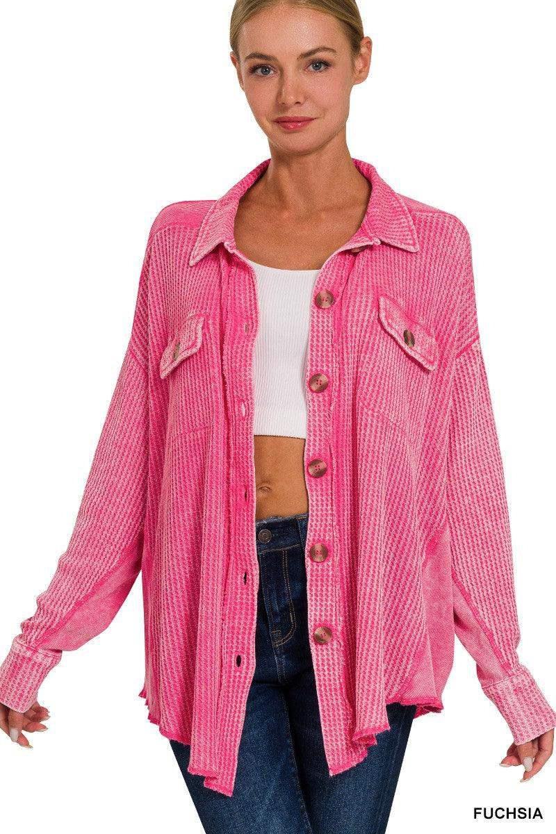 Womens ACID WASH OVERSIZED COTTON WAFFLE CROPPED SHACKET in Fuchsia - Esme and Elodie