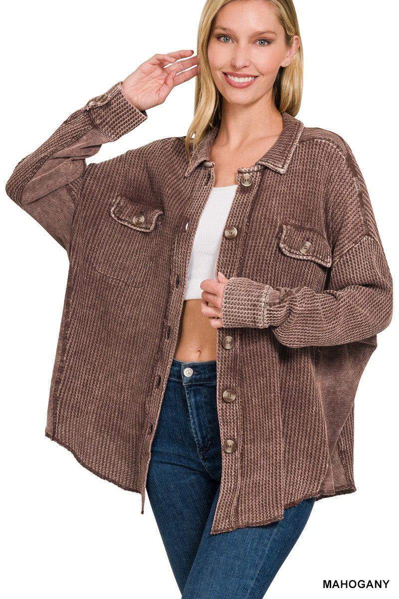 Womens ACID WASH OVERSIZED COTTON WAFFLE CROPPED SHACKET in Mahogany - Esme and Elodie