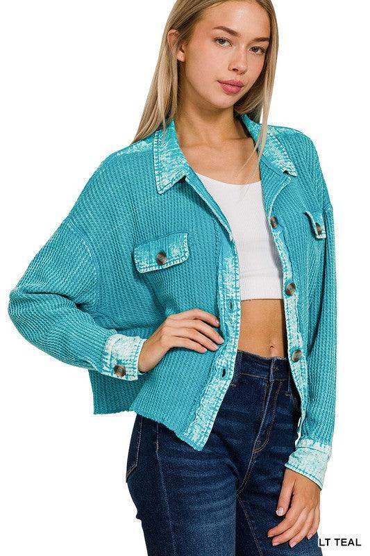 Womens ACID WASH OVERSIZED COTTON WAFFLE CROPPED SHACKET in Teal - Esme and Elodie