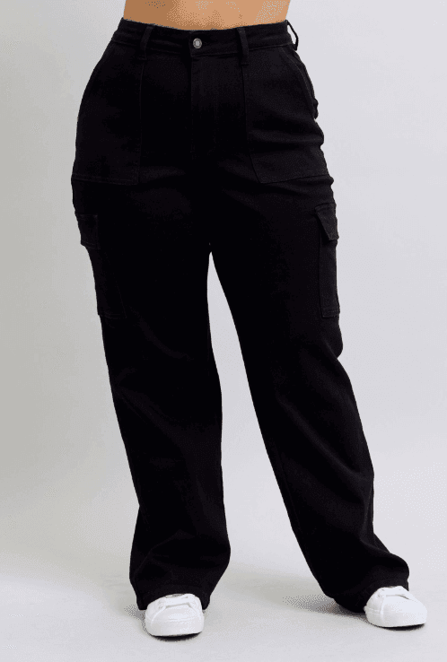 Womens and Plus Size Judy Blue Black Wide Leg Cargo Pants - Esme and Elodie