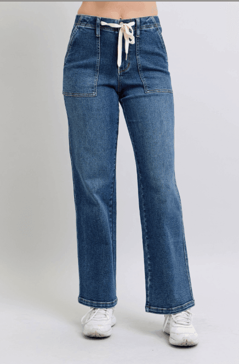 Womens and Plus Size Judy Blue Drawstring Elastic Waist Straight Leg Medium Wash - Esme and Elodie