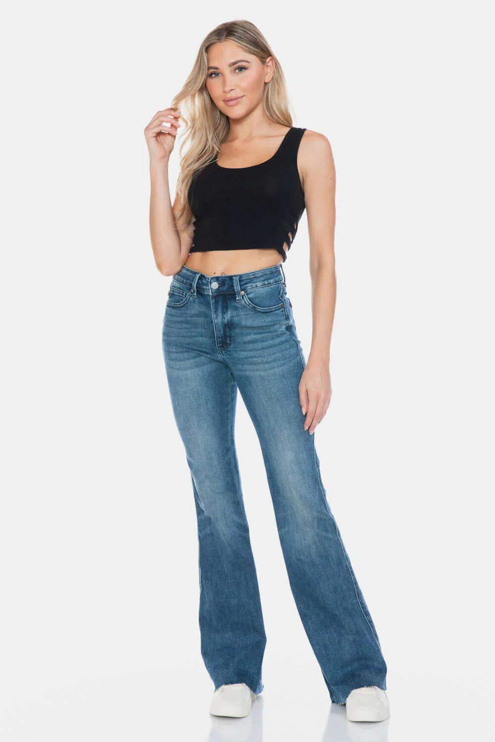 Womens & Plus Size Judy Blue Mid-Rise Tummy Control Vintage Wash Cut Hem Flare - Esme and Elodie