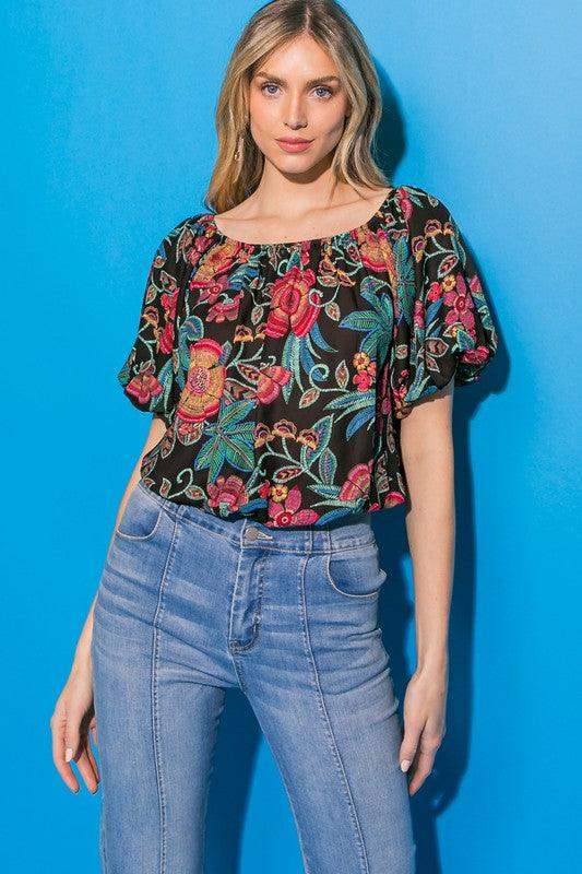 Womens Black Floral Short Sleeve Cropped Blouse - Esme and Elodie