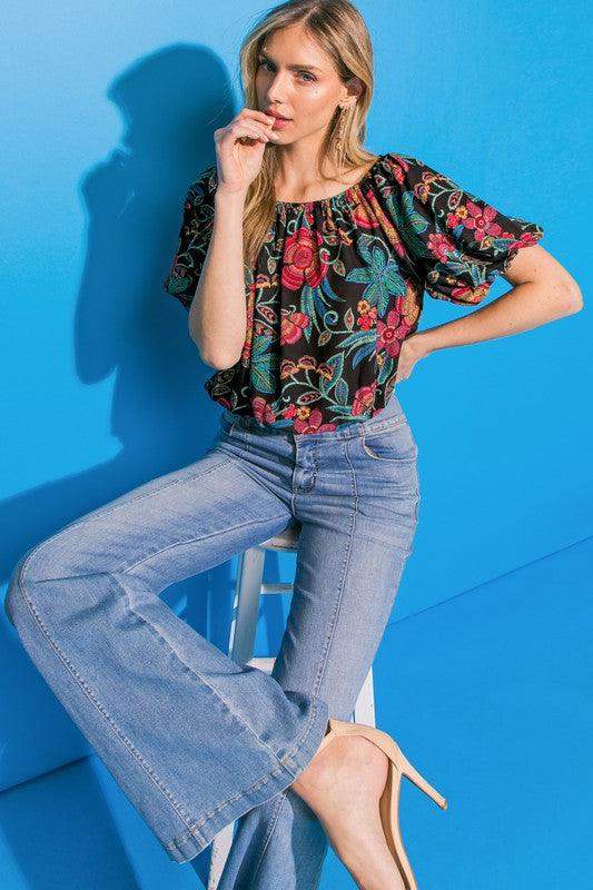 Womens Black Floral Short Sleeve Cropped Blouse - Esme and Elodie