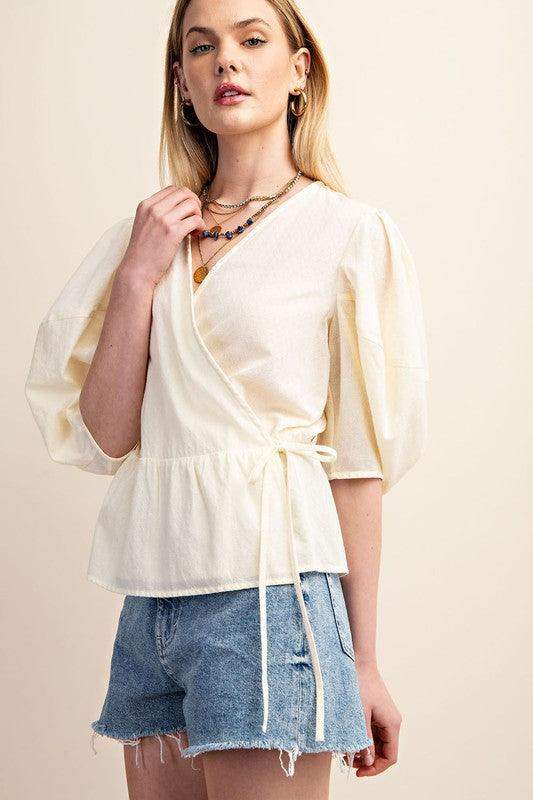 Womens Chic Embossed Cotton Wrap Blouse - Esme and Elodie