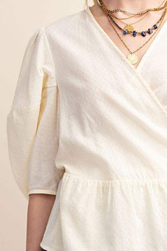 Womens Chic Embossed Cotton Wrap Blouse - Esme and Elodie
