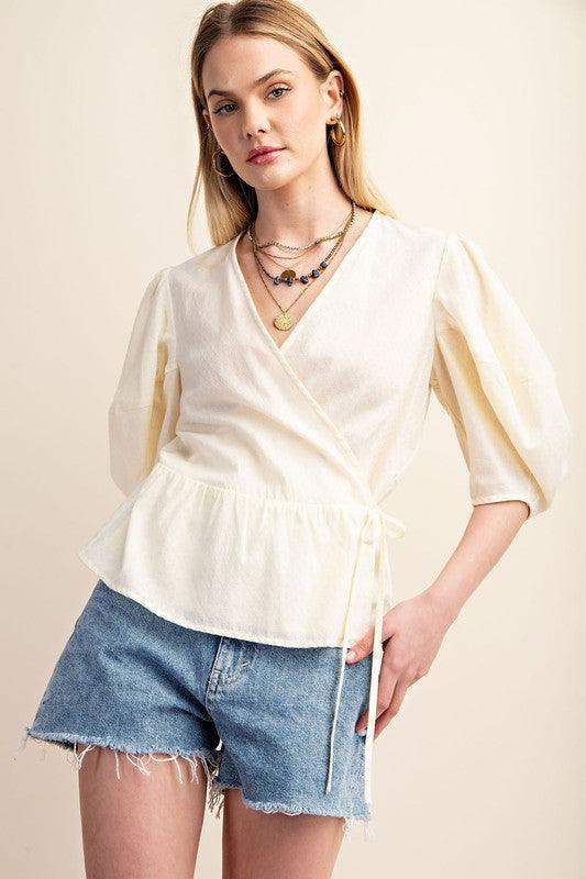 Womens Chic Embossed Cotton Wrap Blouse - Esme and Elodie