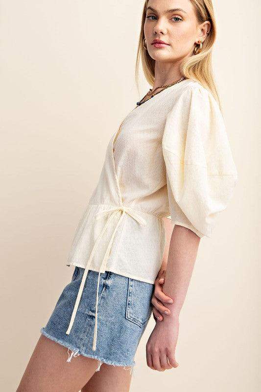 Womens Chic Embossed Cotton Wrap Blouse - Esme and Elodie