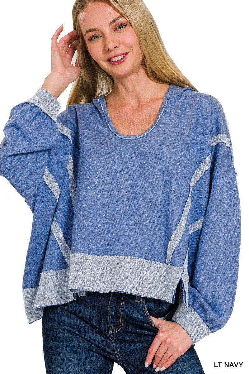 WOMENS CONTRAST TRIM TOP-STITCHING SLIT RAW HEM HOODIE IN LIGHT NAVY - Esme and Elodie
