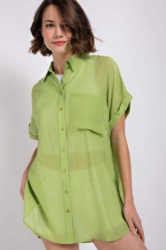 Womens Crinkle Oversized Button Down Shirts in Apple Green - Esme and Elodie