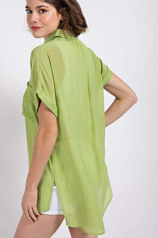 Womens Crinkle Oversized Button Down Shirts in Apple Green - Esme and Elodie