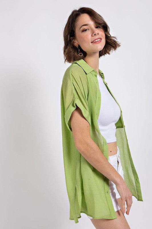 Womens Crinkle Oversized Button Down Shirts in Apple Green - Esme and Elodie
