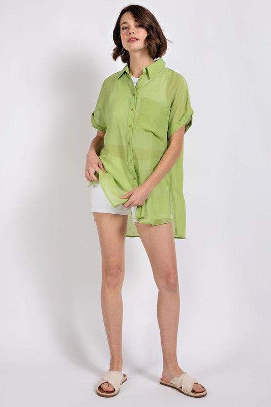 Womens Crinkle Oversized Button Down Shirts in Apple Green - Esme and Elodie