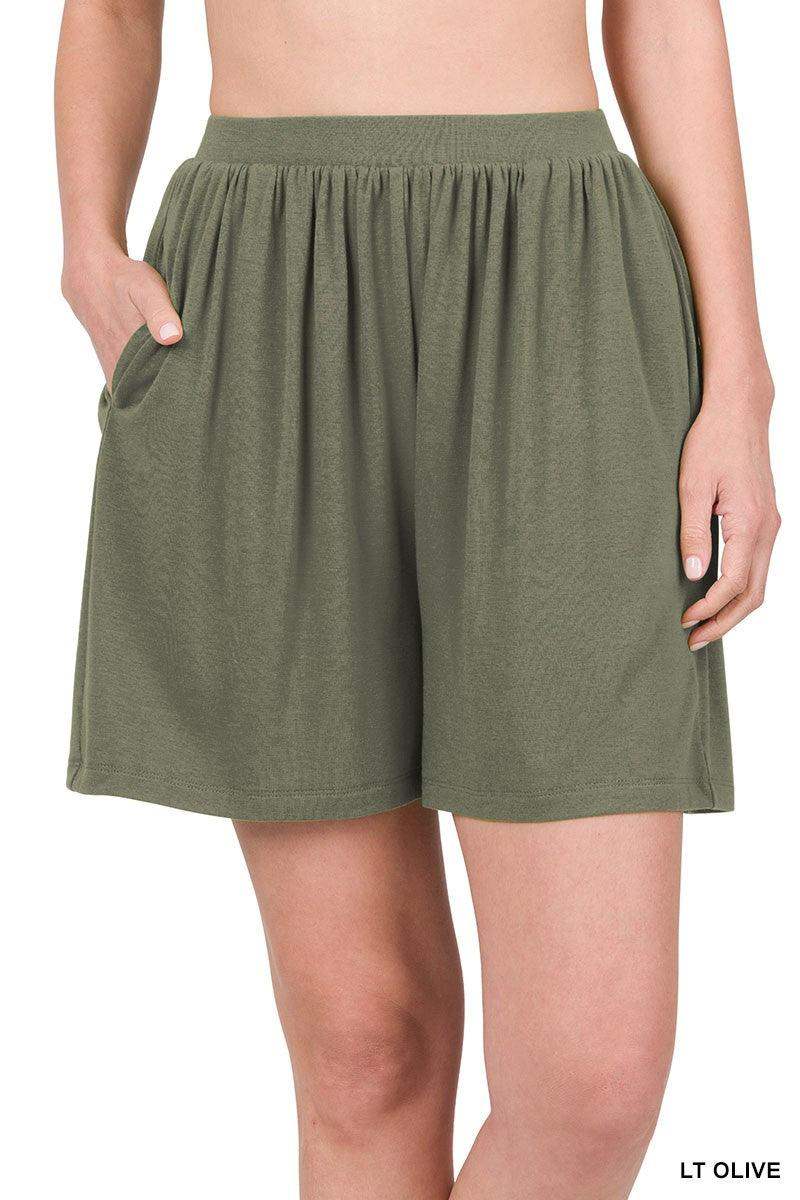 Womens ELASTIC WAIST SHORTS WITH POCKETS in Light Olive - Esme and Elodie