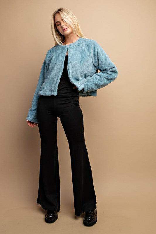WOMENS Faux Fur and Round Neck Crop Jacket in Elsa Blue - Esme and Elodie