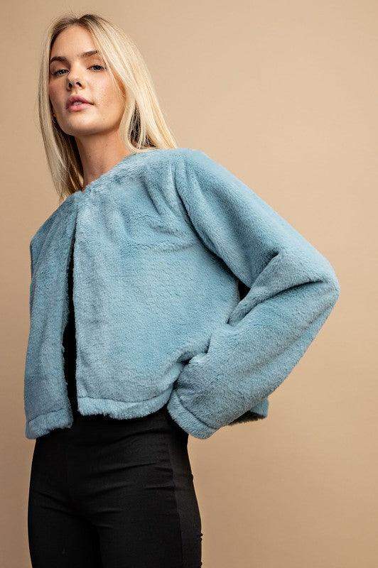 WOMENS Faux Fur and Round Neck Crop Jacket in Elsa Blue - Esme and Elodie