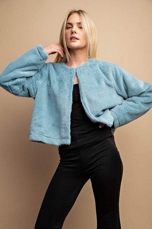 WOMENS Faux Fur and Round Neck Crop Jacket in Elsa Blue - Esme and Elodie